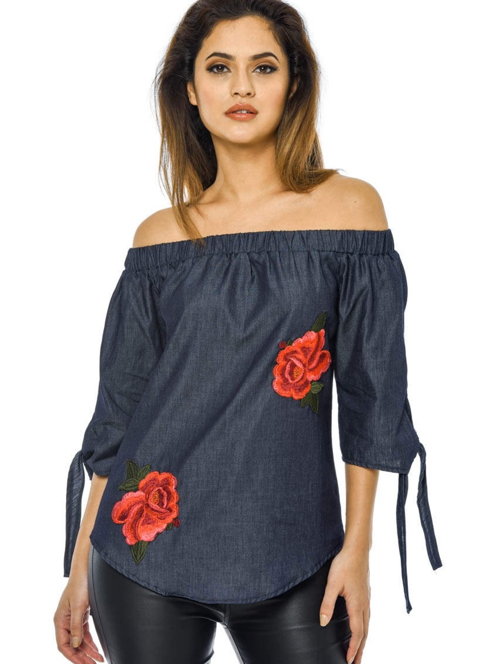 AX Paris Off-Shoulder Denim Top with Red Rose Embroidery Sz 12 Tie Sleeves